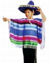 Детский карнавальный костюм мексиканца, полосатое пончо  с бахромой и плетеное сомбреро из синей соломки с мелкими помпонами по краям сомбреро, артикул Е51282, фирма Snowmen, размеры на 4-6, 7-10, 11-14 лет