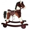 Детская лошадка-качалка , лошадка-каталка с гипоаллергенным мехом, колеса, деревянная качалка, озвученная, на батарейках, машет хвостом, открывает рот, код 79822