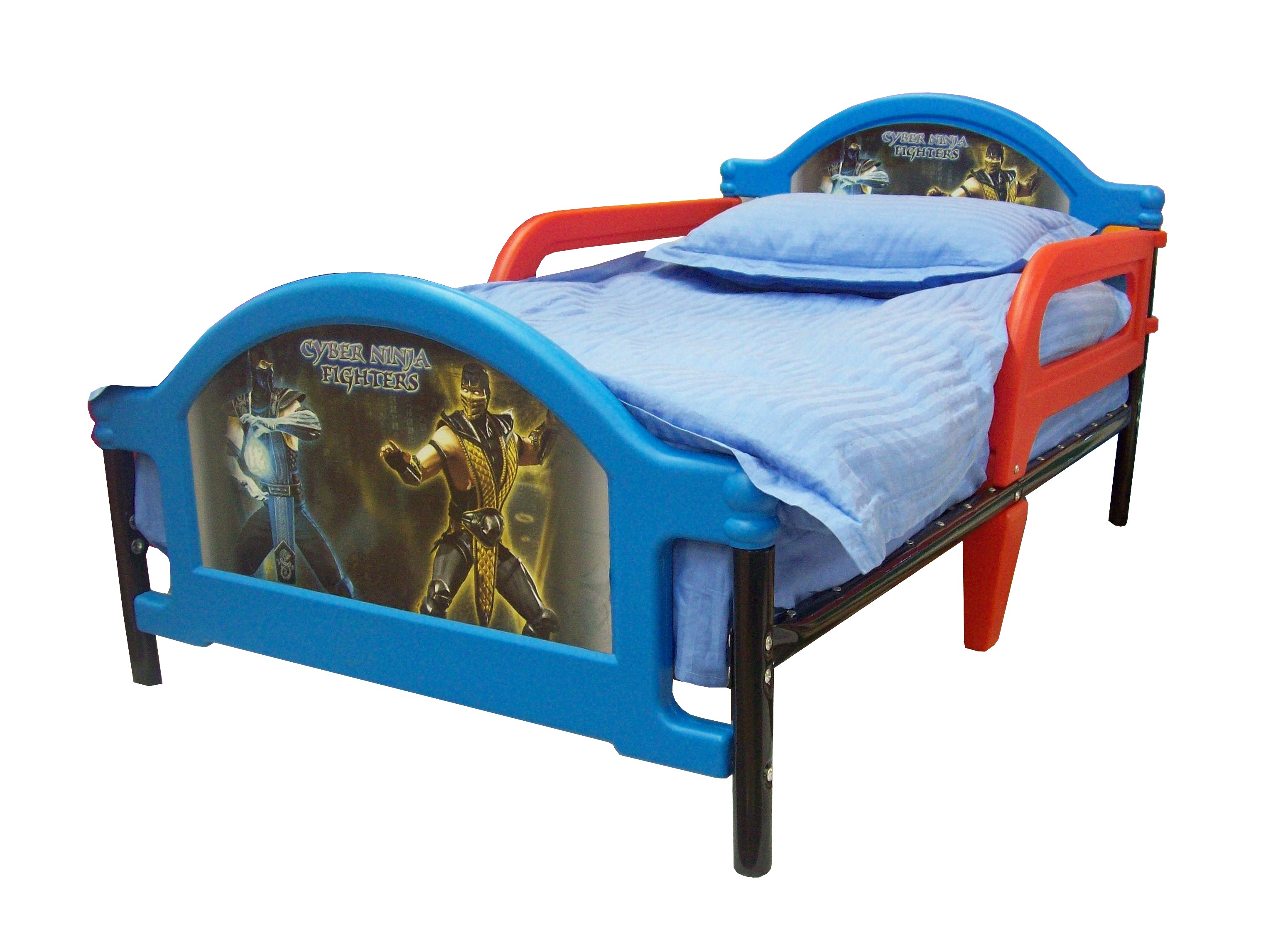 Детская кровать  Джуниор Cyber Ninja Fighters, кровать Кибервоины Ниндзя для дошкольника, от 1,5 до 6 лет, металл, пластик. Кровать с комплектом: постельное белье, одеяло, подушка., Самая безопасная детская кровать для дошкольник