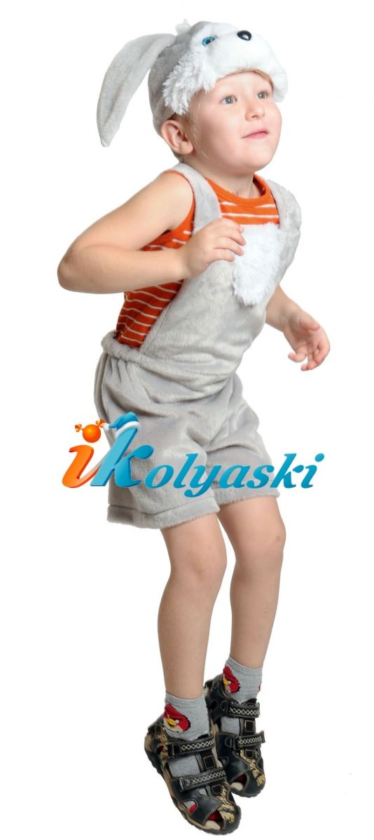 Костюм Зайчика СЕРОГО ПЛЮШ, костюм зайчика для мальчика, костюм серого зайца, размер единый, рост 92-122, на 2-6 лет, артикул 3005. В комплекте: полукомбинезон и шапка.