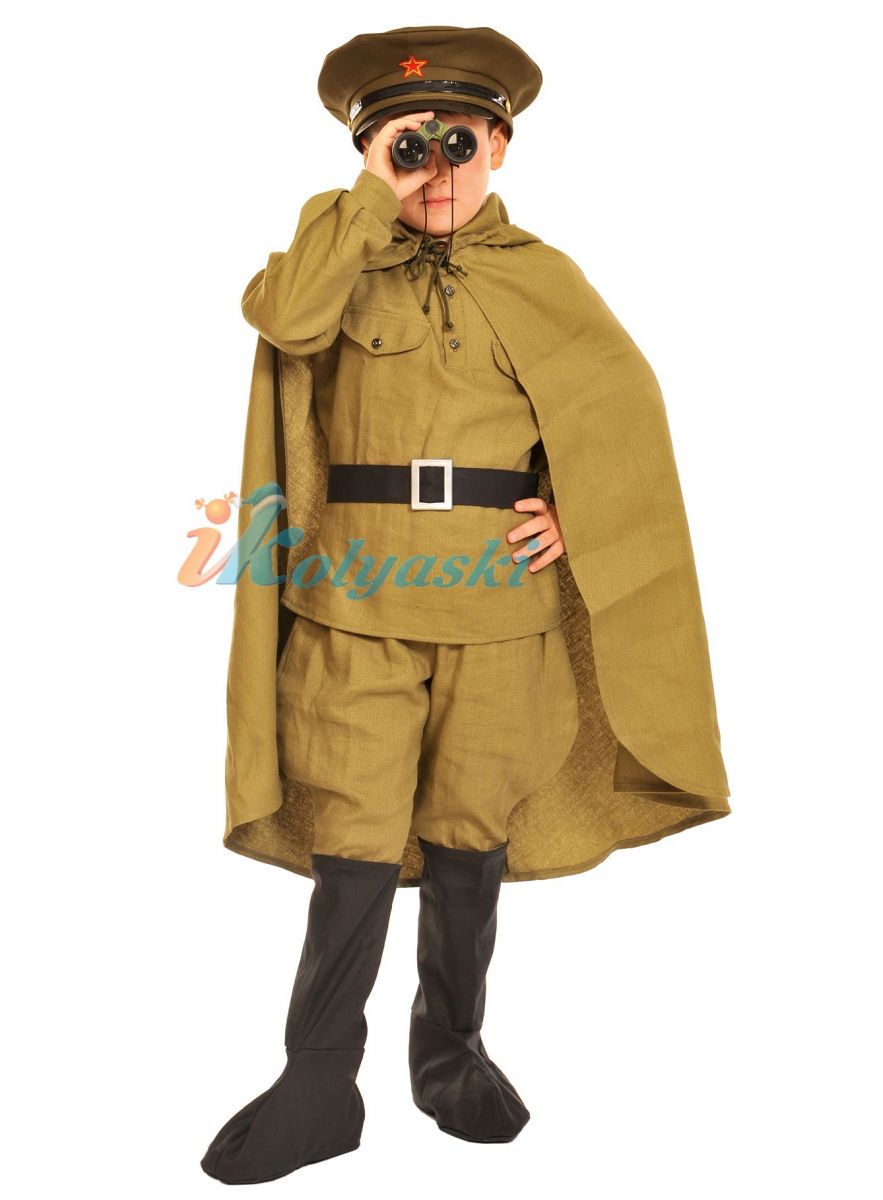 Военный костюм Командир с биноклем, детская военная форма, размер М, на 7-8 лет, рост 128-134 см. В комплекте: фуражка, гимнастёрка, ремень, галифе, сапоги, плащ-палатка, бинокль с компасом,  георгиевский бант. Военный костюм Командир с биноклем, детская военная форма, костюм военного для мальчиков, Военный костюм Командир с биноклем, детская военная форма, детский военный костюм для мальчика, детская военная форма, военная форма вов, военная форма для