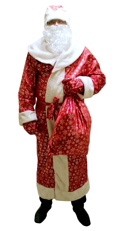 Новогодний костюм Деда Мороза, профессиональный костюм Деда Мороза в комплекте с мешком для подарков, Батик-ЛМ. Красивый красный костюм Деда Мороза, украшенный большими серебристыми снежинками, удобен мужчинам от 48 размера до 54, подходит на рост 175-190 см.