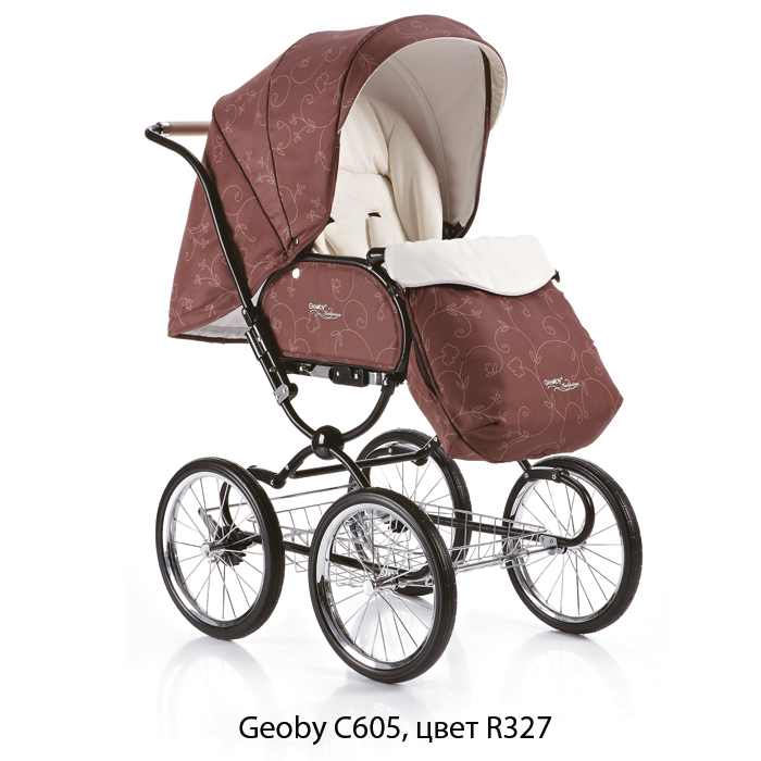 Детская коляска для новорожденных Geoby C605 Katarina Elegance, Геоби С605 Катарина Элеганс, цвет коричневый R327, коляска 2 в 1, ретро классика на больших колесах, гламурная коляска со шторками на хромированной раме