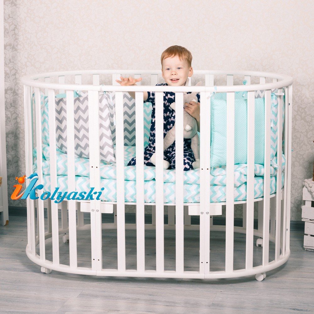 Детская кругло-овальная кроватка для новорожденных, кровать детская Nobelёv 7 в 1, размеры: люлька - 75х75 см; кроватка/манеж/диванчик - 125х75 см, цвет ваниль