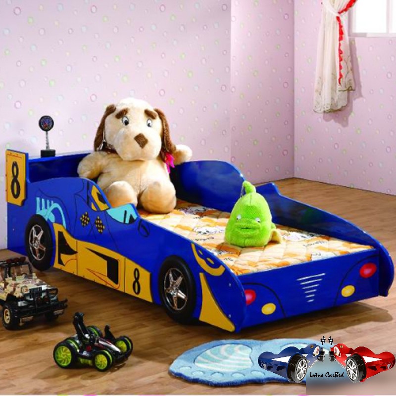 Американская детская спальня для мальчика, детская мебель с кроватью-машиной Формула-1, 190х90 см, артикул 350, 7 предметов, цвет синий, материал МДФ