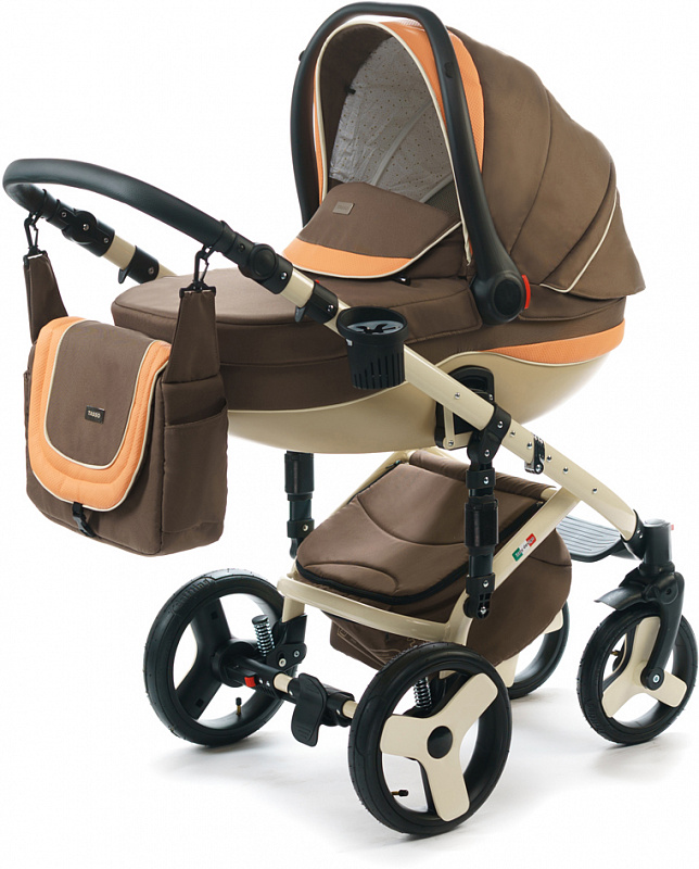 Детская коляска для новорожденных  3 в 1 на поворотных колесах, с автокреслом группы 0+ Vikalex Tasso, Италия, цвета разные, артикул: 76184, цвет Brown