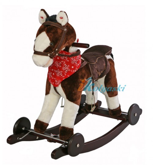 Детская лошадка-качалка , лошадка-каталка с гипоаллергенным мехом, колеса, деревянная качалка, озвученная, на батарейках, машет хвостом, открывает рот, код 79822, лошадка качалка купить, лошадка каталка купить
