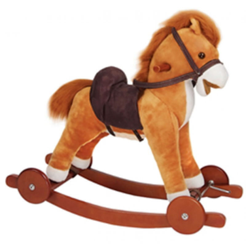 Детская лошадка-качалка рыжая, рыжий конь , лошадка-каталка с гипоаллергенным мехом, колеса, деревянная качалка, озвученная, на батарейках, машет хвостом, открывает рот, код 79822, лошадка качалка купить, лошадка каталка купить
