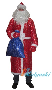 Костюм Деда Мороза красный с серебряными снежинками, новогодний профессиональный костюм Деда Мороза с СИНИМ МЕШКОМ для подарков, артикул Е60217+Е50856 (мешок), фирма Snowmen, безразмерный: от 46 до 54 размера