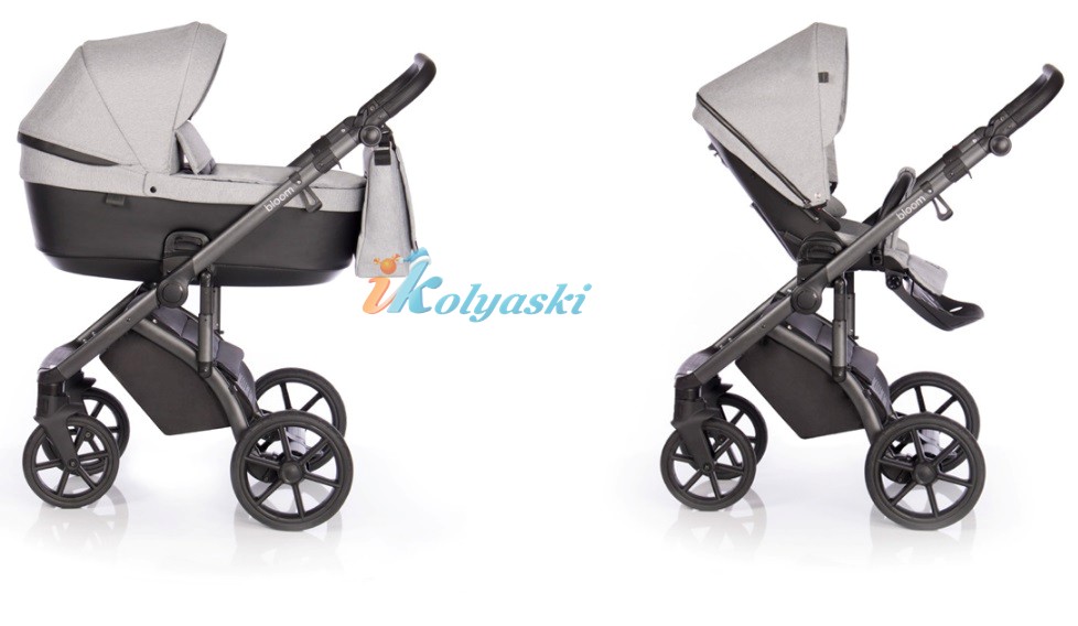 Roan Bloom 3 в 1 детская коляска для новорожденного на гелиевых бескамерных поворотных колесах с прогулочным блоком и автокреслом, цвет Silver Shevron